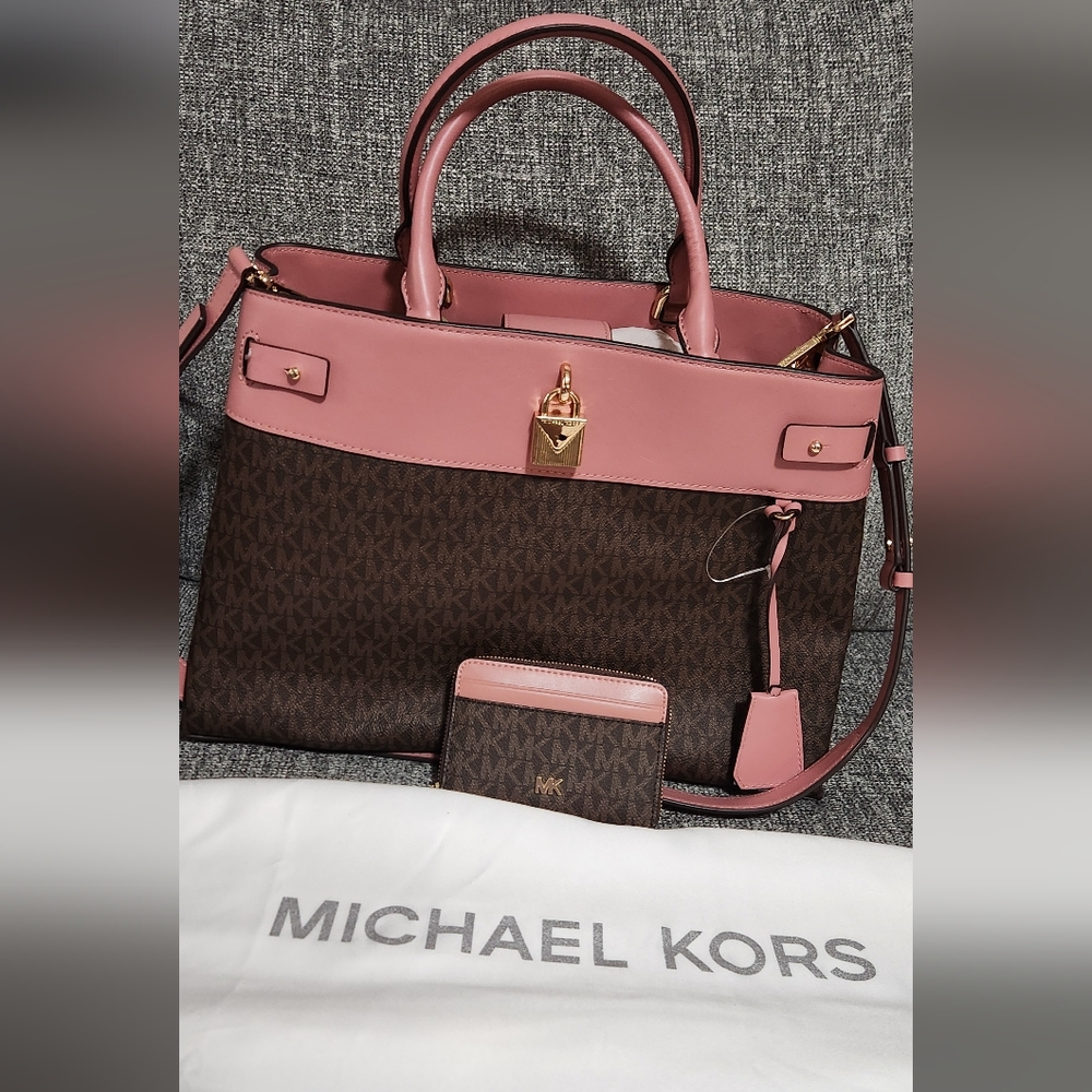 Authentic Michael Kors Pink and Brown Purse with Matching Wallet.